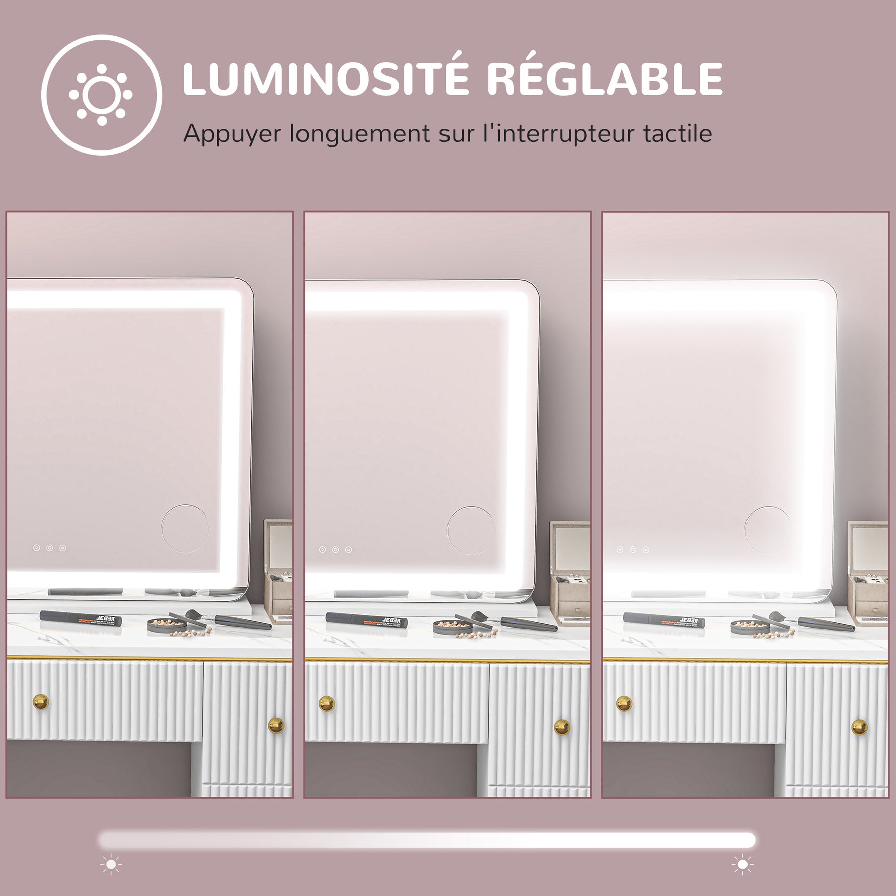 Miroir Lumineux LED intensité 3 modes d'éclairage, grossissement 10X,  port de charge USB, touche tactile - 80 x 62 cm