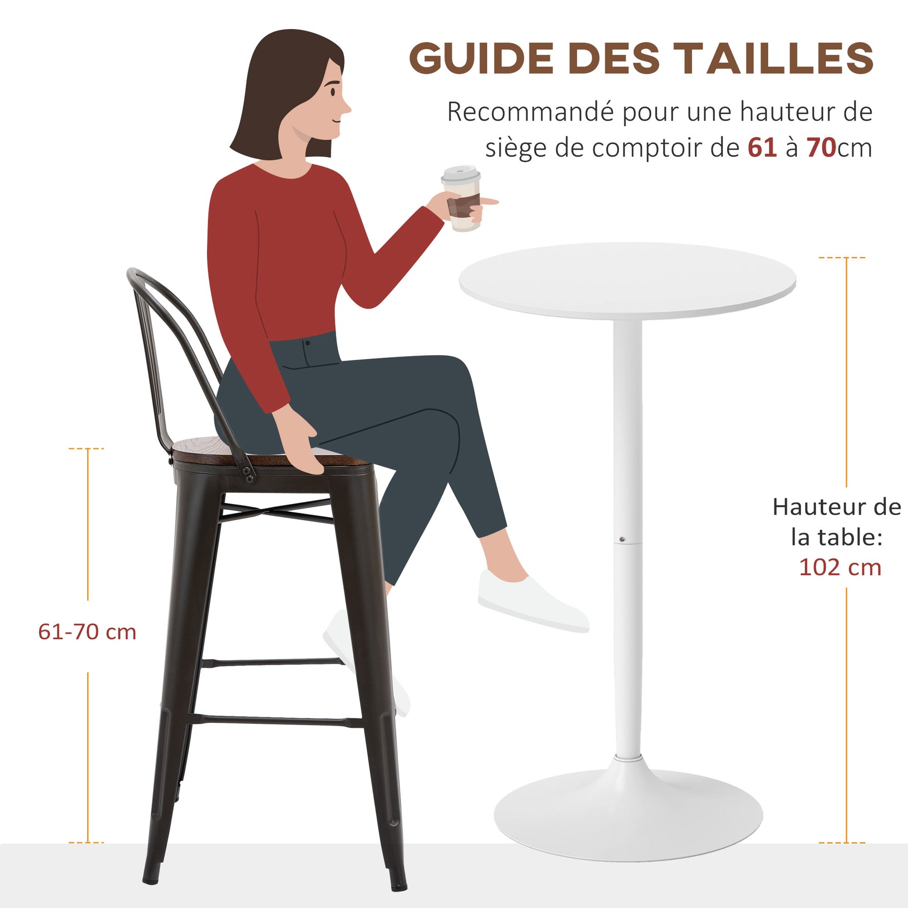 Table de bar ronde table de bistro mange-debout table de cuisine style contemporain plateau peint et cadre en acier