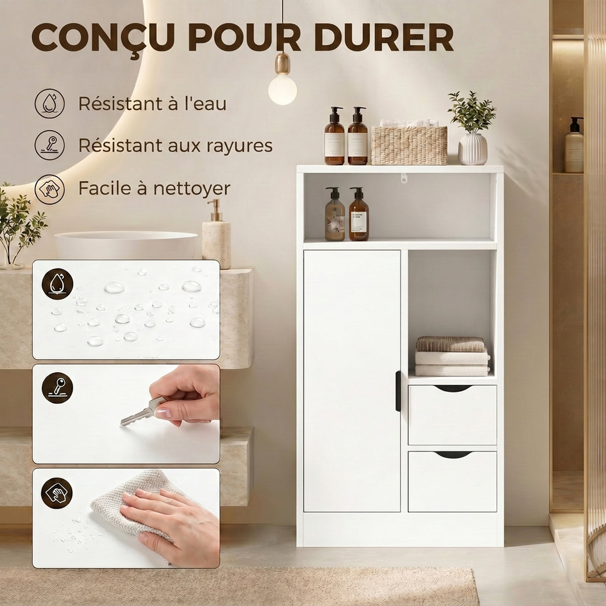Mobiletto da bagno, mobile contenitore stretto con 2 cassetti, scomparti a giorno, 50x25x100cm, bianco