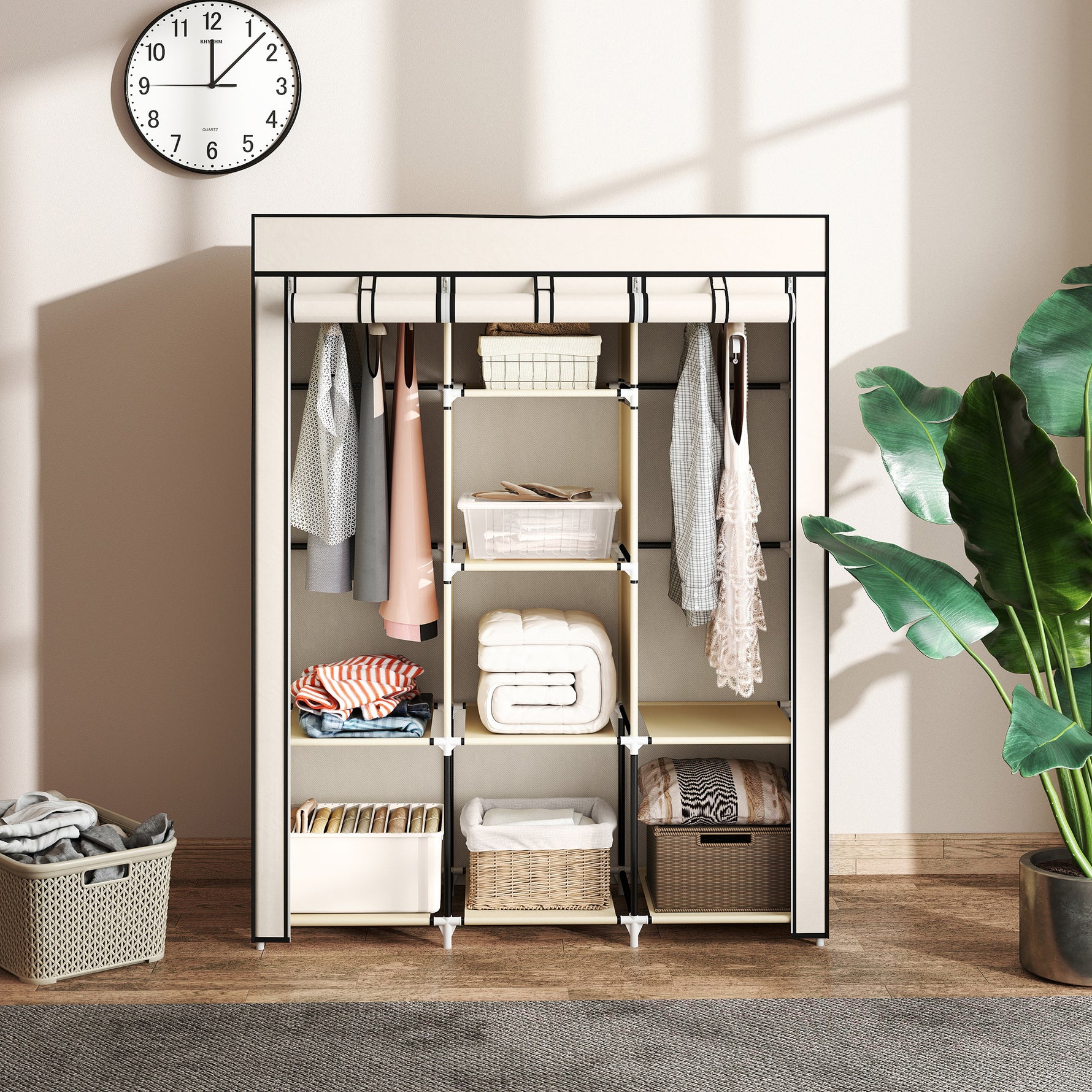 Armoire penderie multi-rangement - 8 étagères, 2 barres - non tissé crème