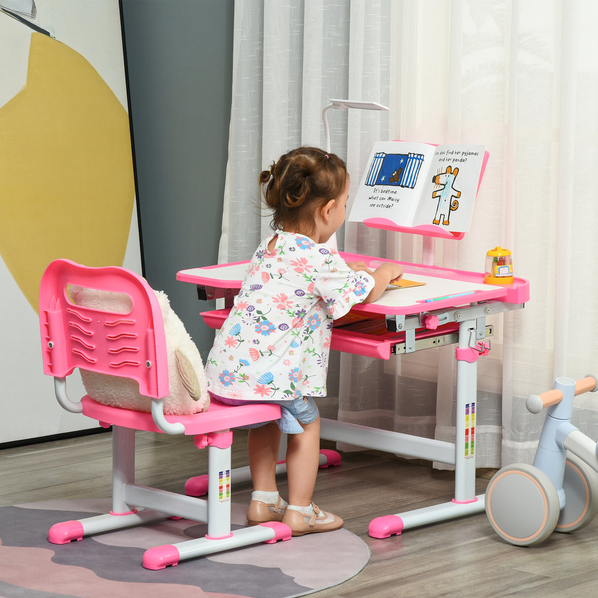 Ensemble chaise et bureau pour enfants avec lampe LED hauteur réglable plateau incliné support de lecture rose