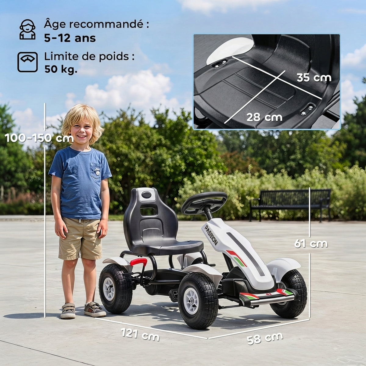 Kart à pédales pour enfant siège réglable 3 positions frein à main enfant de 5 à 12 ans blanc noir
