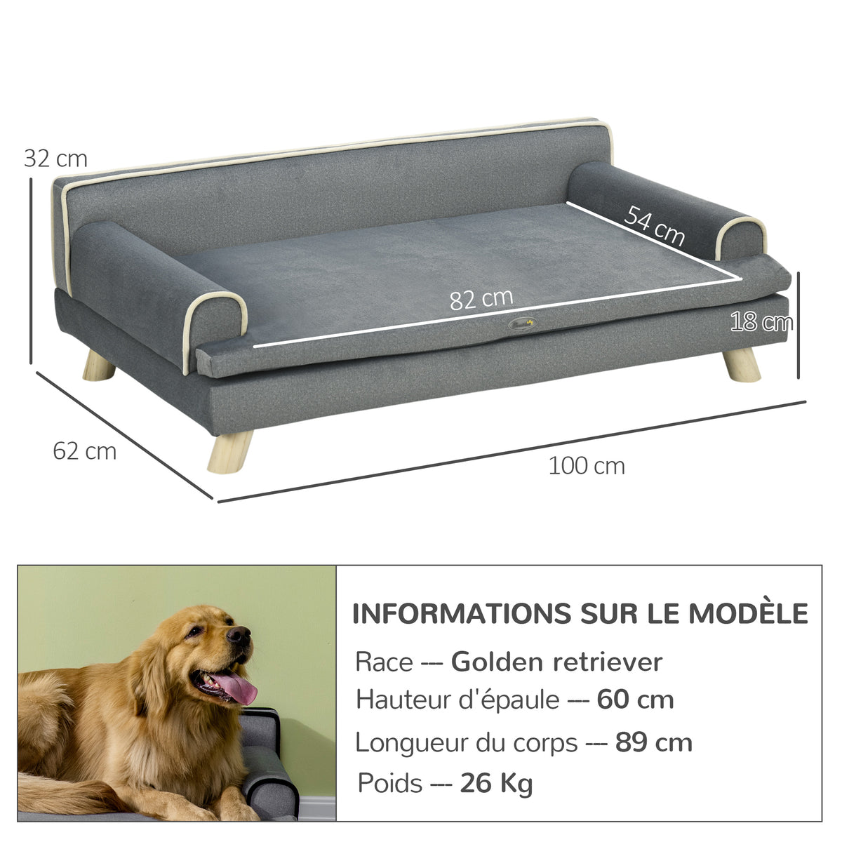 Canapé pour chien chat design scandinave coussin moelleux amovible pieds bois massif 100 x 62 x 32 cm gris