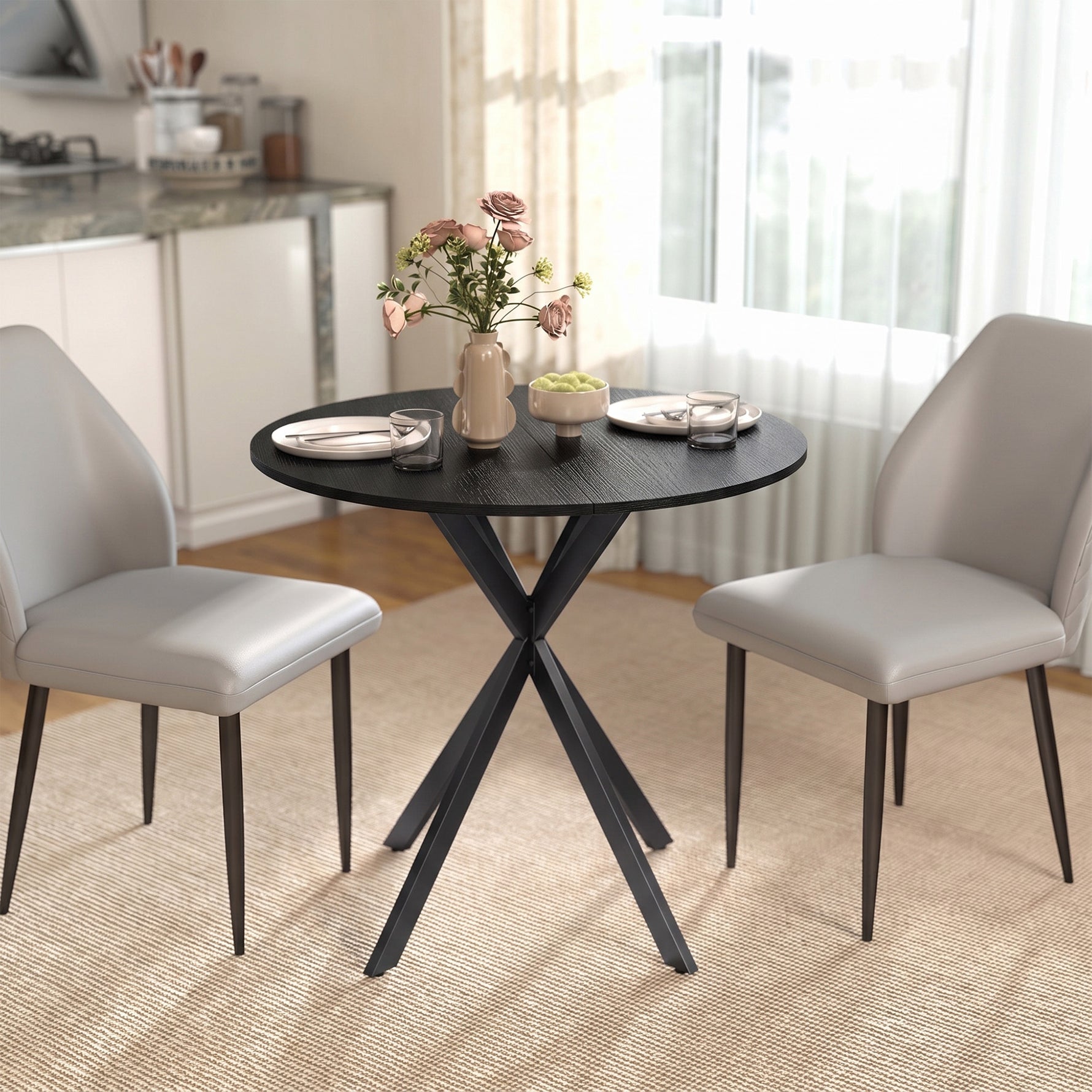 Table à Manger Ronde pour 2 Personnes avec Plateau Aspect Bois et Piètement Croisé en Acier, Noir