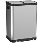 Poubelle de cuisine à double compartiment 2 x 30L avec pédale en acier inoxydable, couvercle à fermeture douce, argent