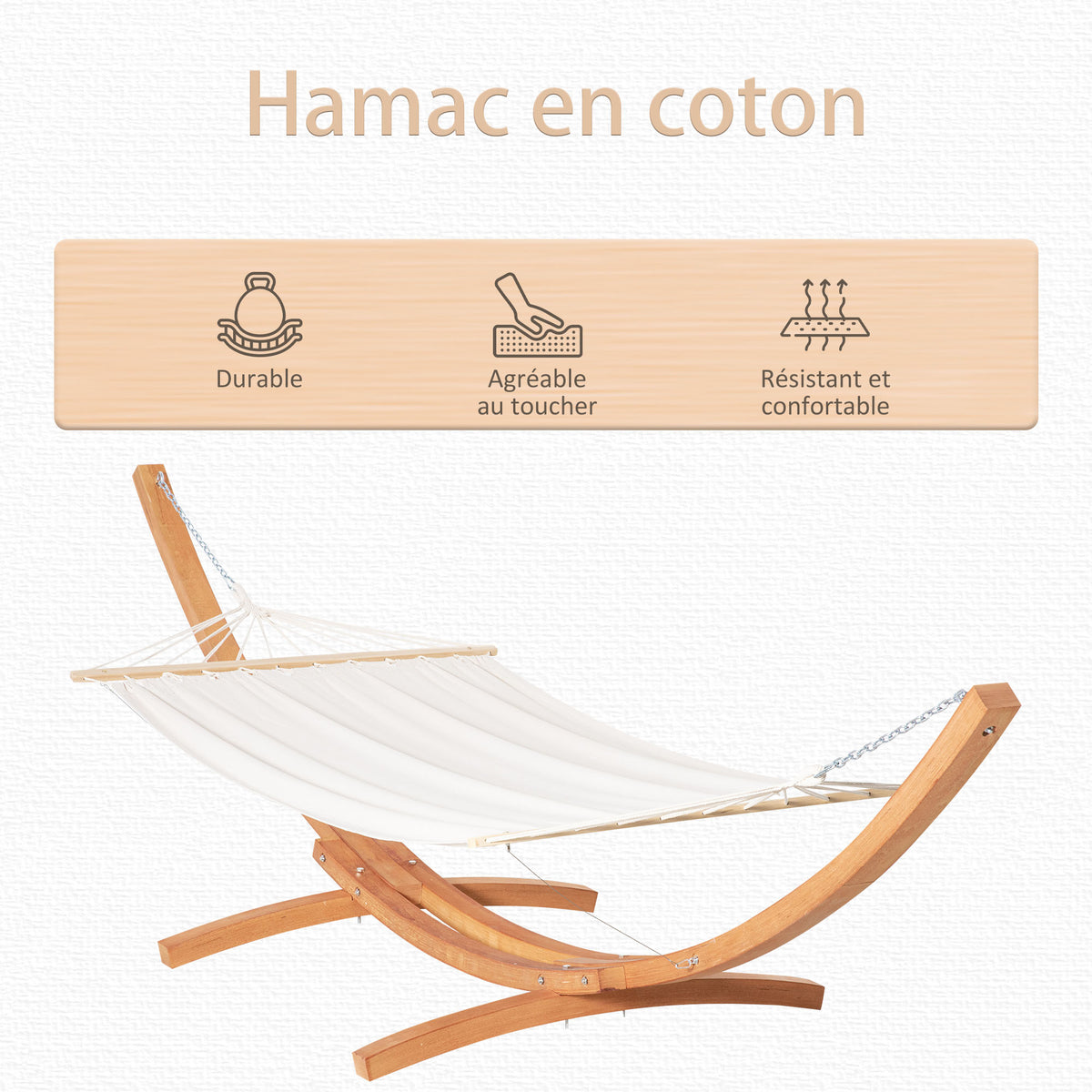 Hamac de jardin avec support en bois hamac sur pied 1 personne 3,92L x 1,2l x 1,1H m coloris crème marron