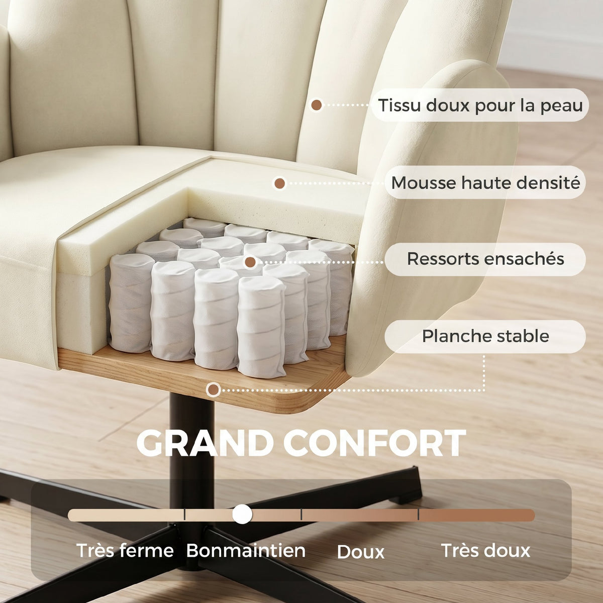 Fauteuil salon pivotant fauteuil d'appoint rembourré en velours dossier en forme de coquille coussin à ressorts beige
