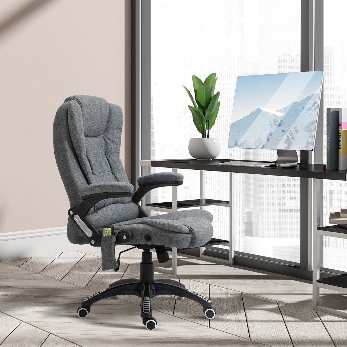 Fauteuil de bureau massant et chauffant, chaise de bureau, chaise ergonomique avec hauteur réglable, dossier inclinable et télécommande filaire, pivotant à 360° tissu en polyester gris chiné