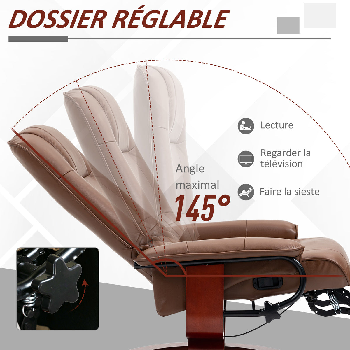 Fauteuil relax inclinable repose-pieds réglable pivotant 360° piètement bois revêtement PU respirant et doux marron