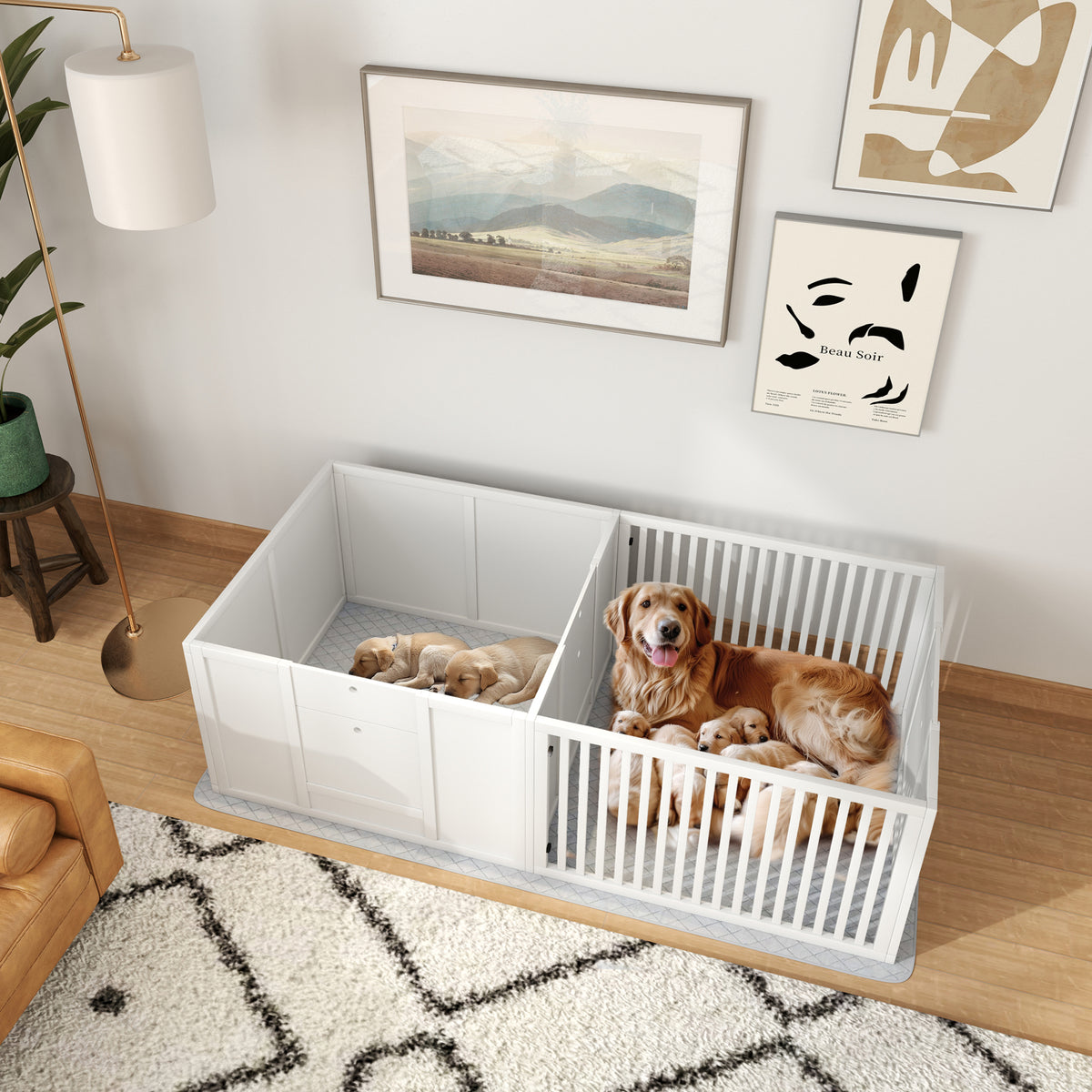Boîte de mise bas pour chiens et chiots, parc de mise bas pour chiens porte à hauteur réglable 166 x 80 x 50 cm, blanc