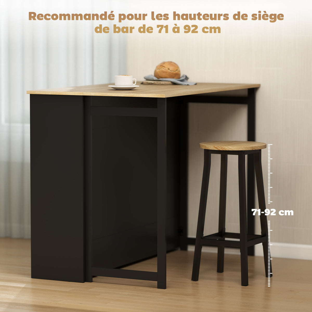 Table de bar extensible avec abattant, table haute cuisine, 1 placard et 4 compartiments ouverts, 116x79,6x90,5cm, noir