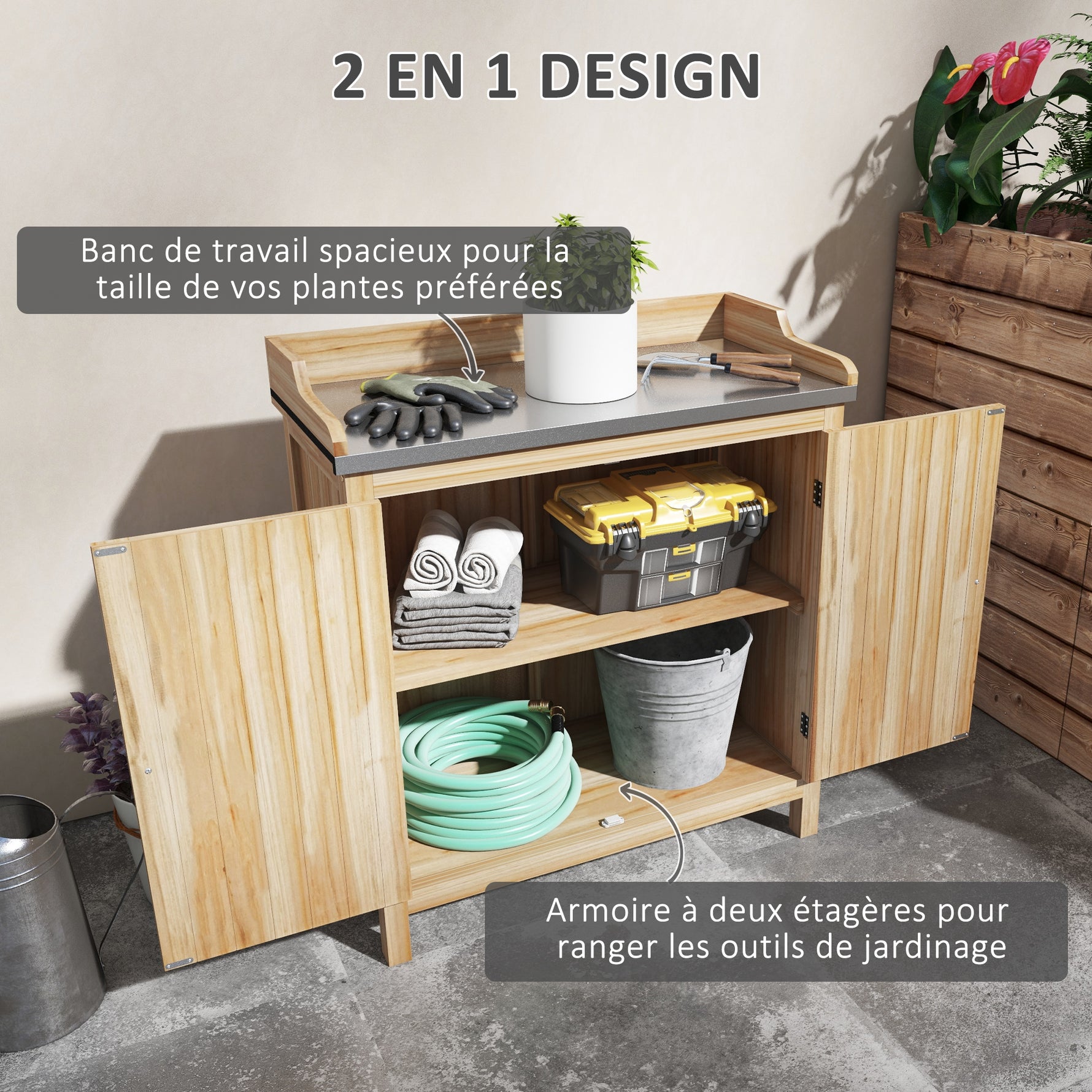 Table de rempotage armoire de rangement avec 2 étagères, plateau galvanisé patins antidérapants en bois sapin