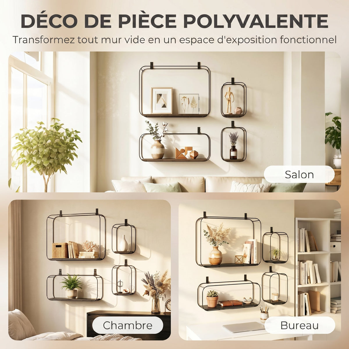 Lot de 4 étagères murales industrielles, étagères flottantes géométriques en métal, pour salon, chambre et bureau, noir