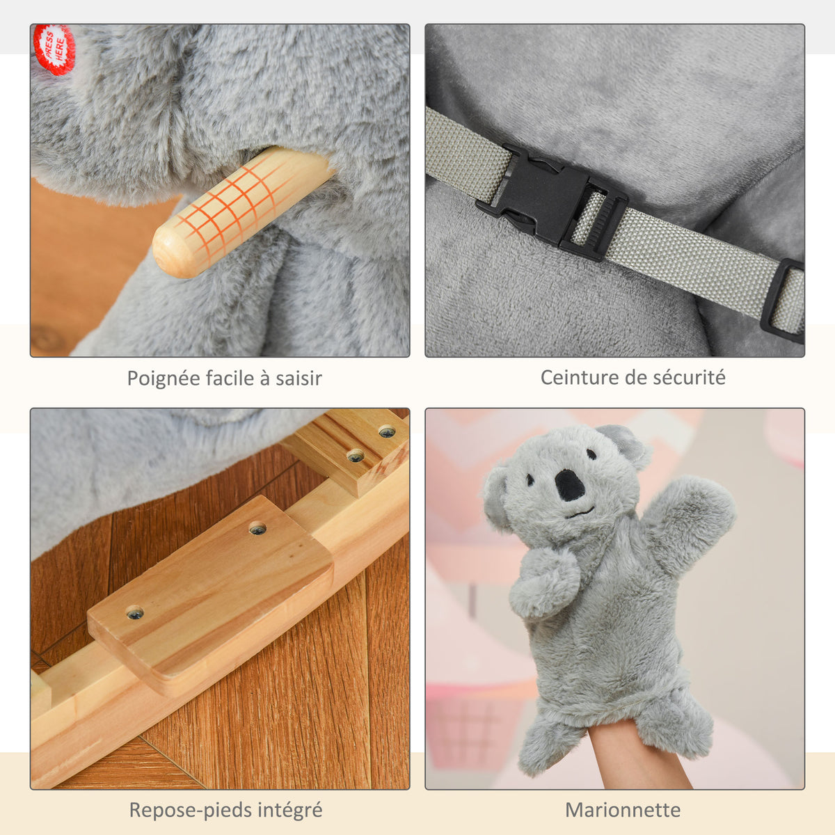 Jouet à Bascule Koala avec marionnette - Effet sonore Rugissement - Fauteuil intégré, Ceinture de sécurité - pour 18-36 mois - Bois peuplier Peluche Courte Polyester Gris