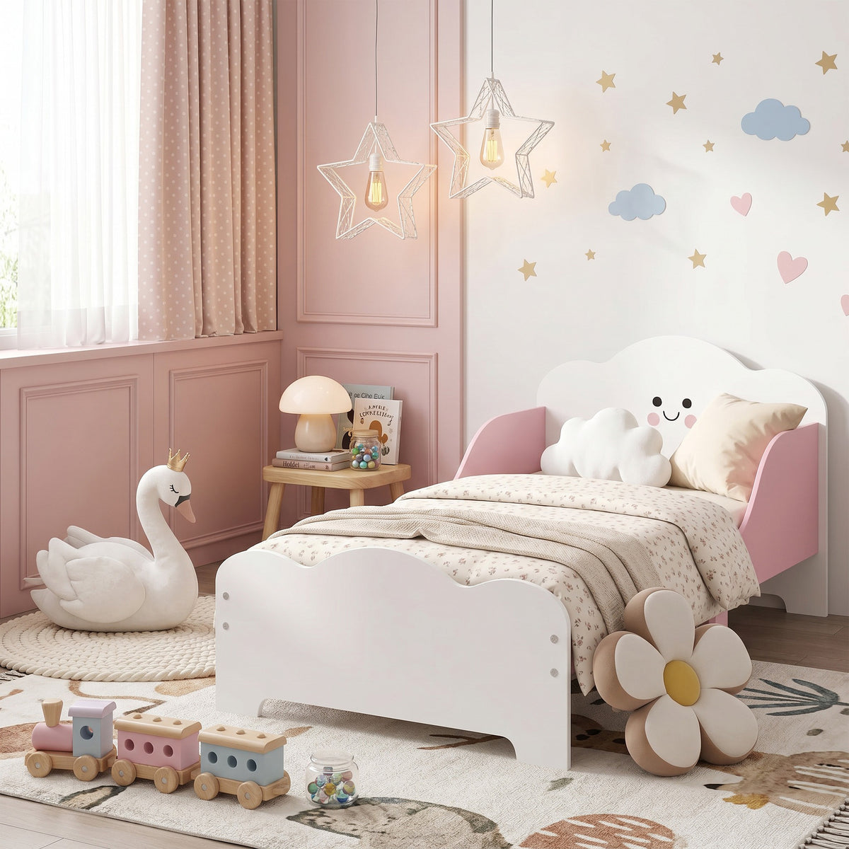 Lit enfant 70 x 140 cm, lit pour enfant avec barriere de securite et sommier à lattes en bois, rose (matelas non inclus)