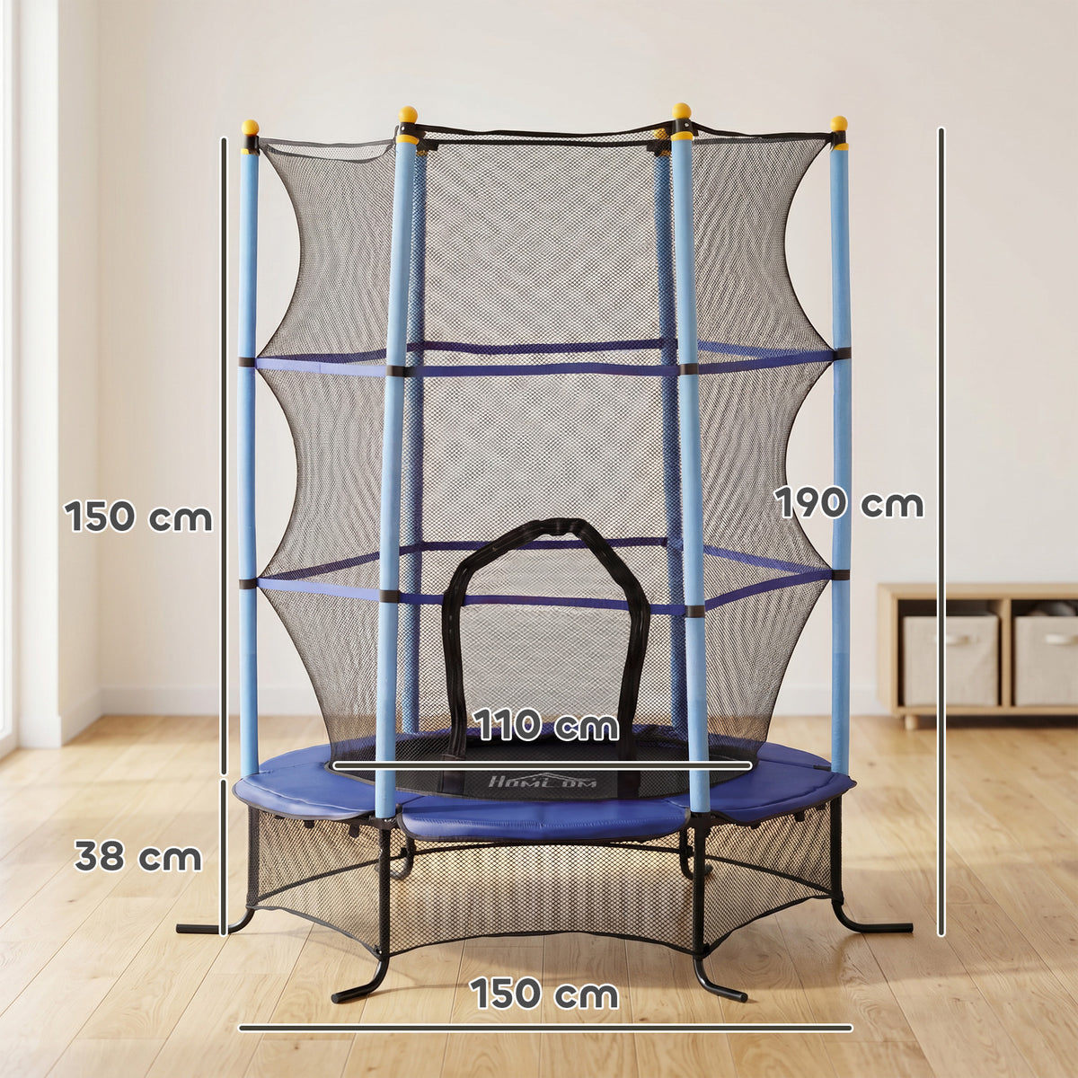 Trampoline Enfant Ø 1,63 × 1,9H m Filet de sécurité Porte zipée Couvre-Ressorts 6 poteaux rembourrés Inclus Bleu