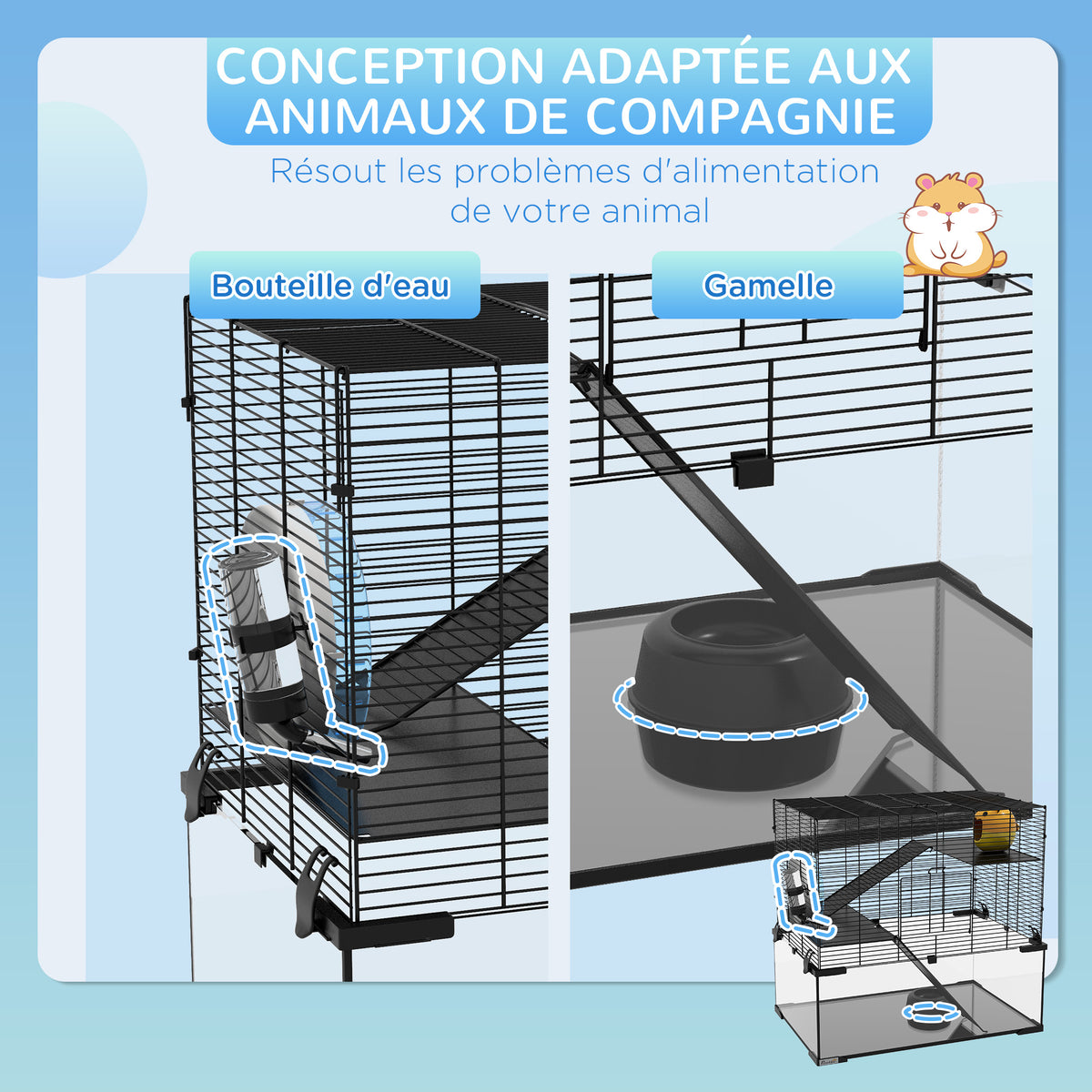 Cage hamster cage rongeur 3 niveaux avec roue rampes maisonnette abreuvoir mangeoire 60L x 40l x 54,5H cm noir