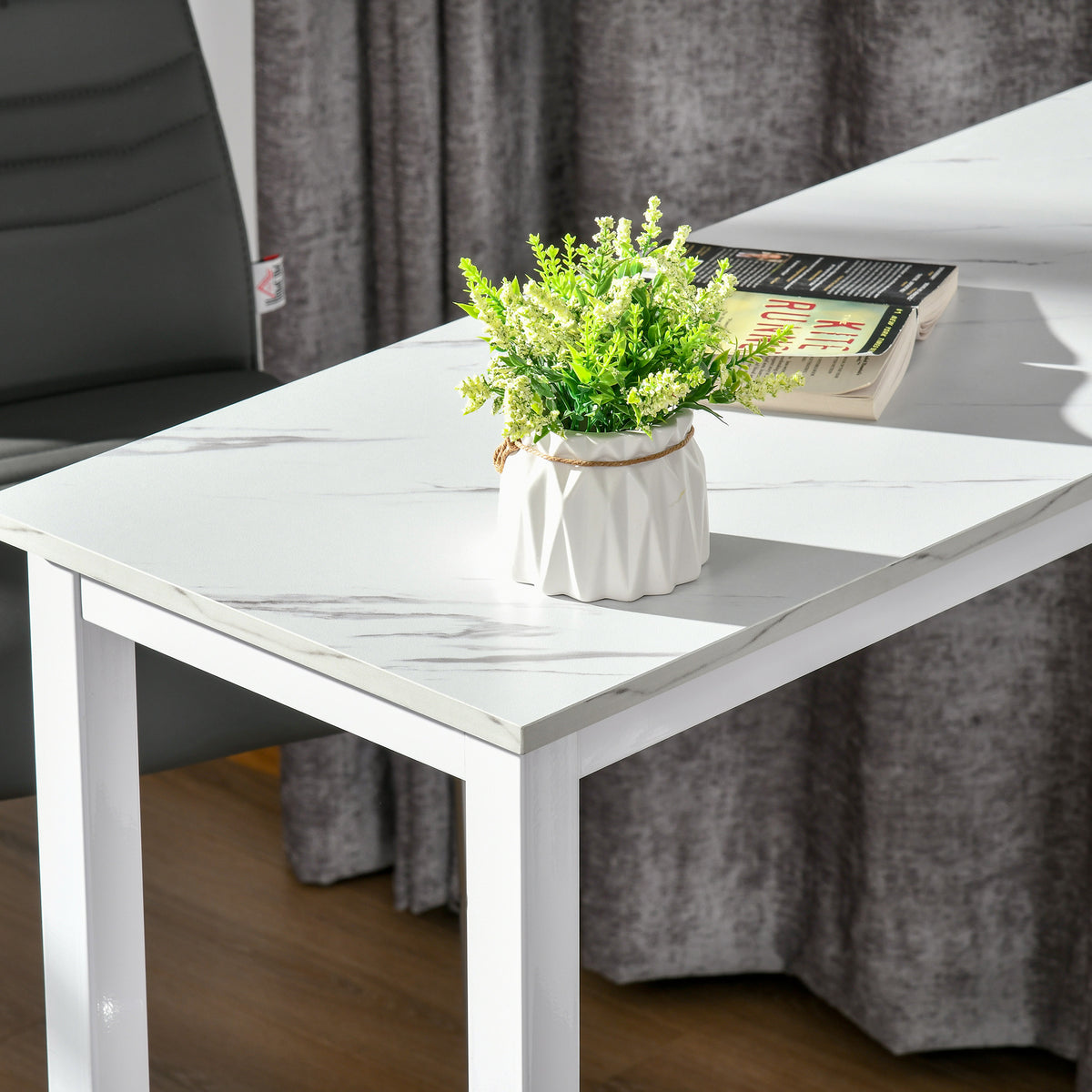 Table de bar table haute de cuisine mange-debout 120 x 40 x 100 cm châssis piètement acier, plateau aspect marbre blanc