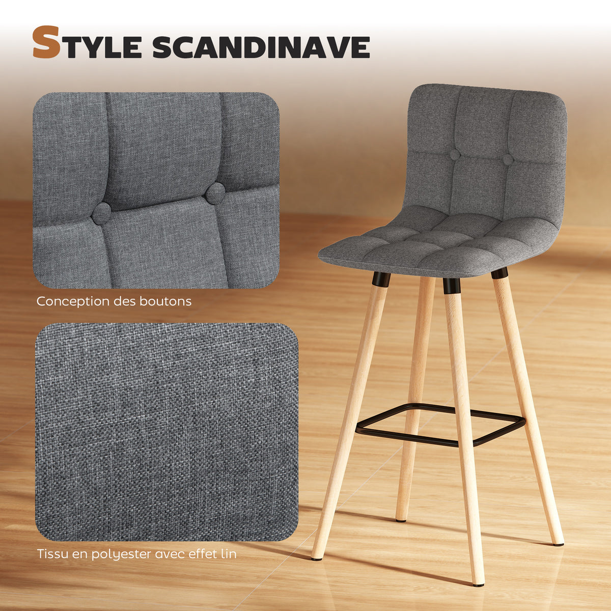 2er-Set Barhocker, gepolsterte Barstühle mit Rückenlehne und Fußstütze, Holzbeine, 41,5x47x97,5 cm, Grau