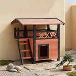 Buitenkattenhuis met terras, trap, dak, villa-nachthok, 77 x 50 x 73 cm bruin en rood