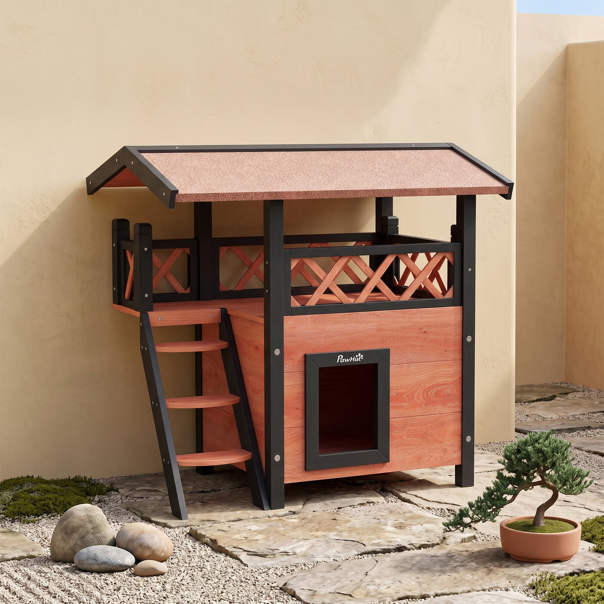 Buitenkattenhuis met terras, trap, dak, villa-nachthok, 77 x 50 x 73 cm bruin en rood