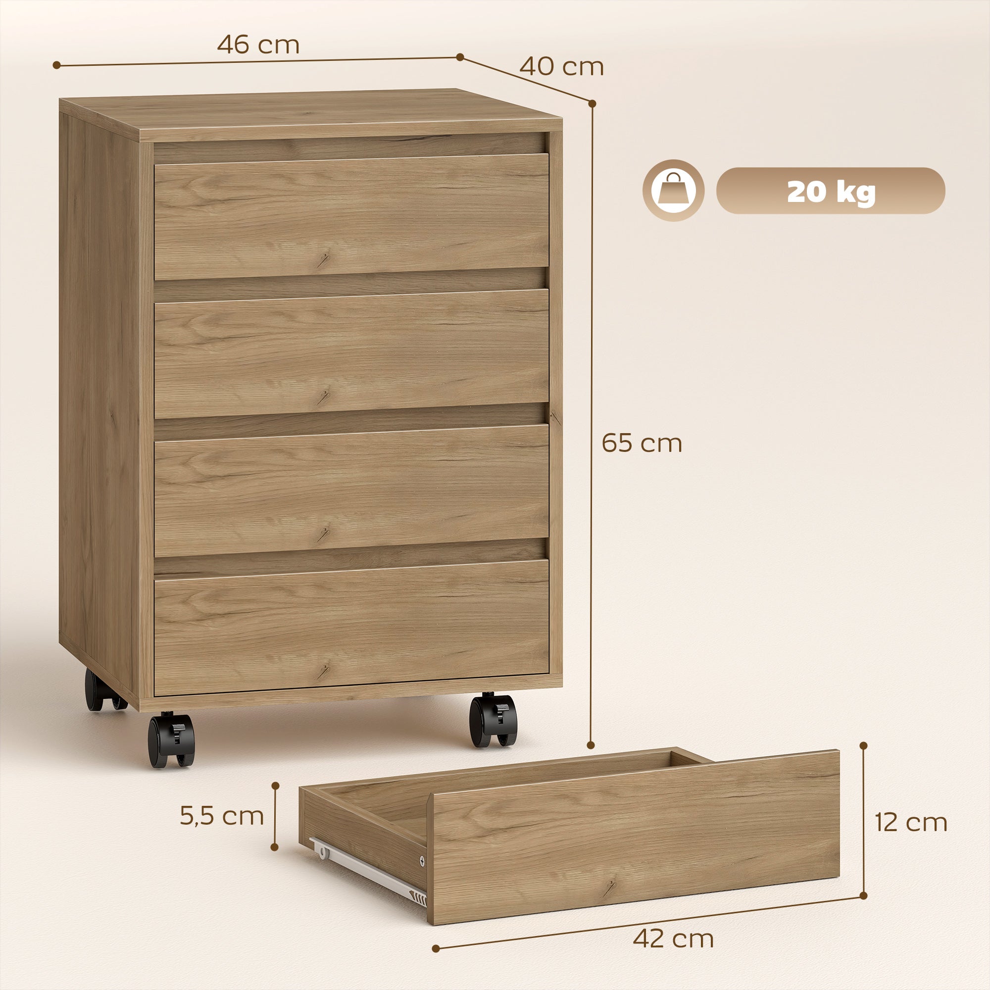 Caisson de bureau rangement bureau sur roulettes 4 tiroirs coulissants en bois aspect bois marron
