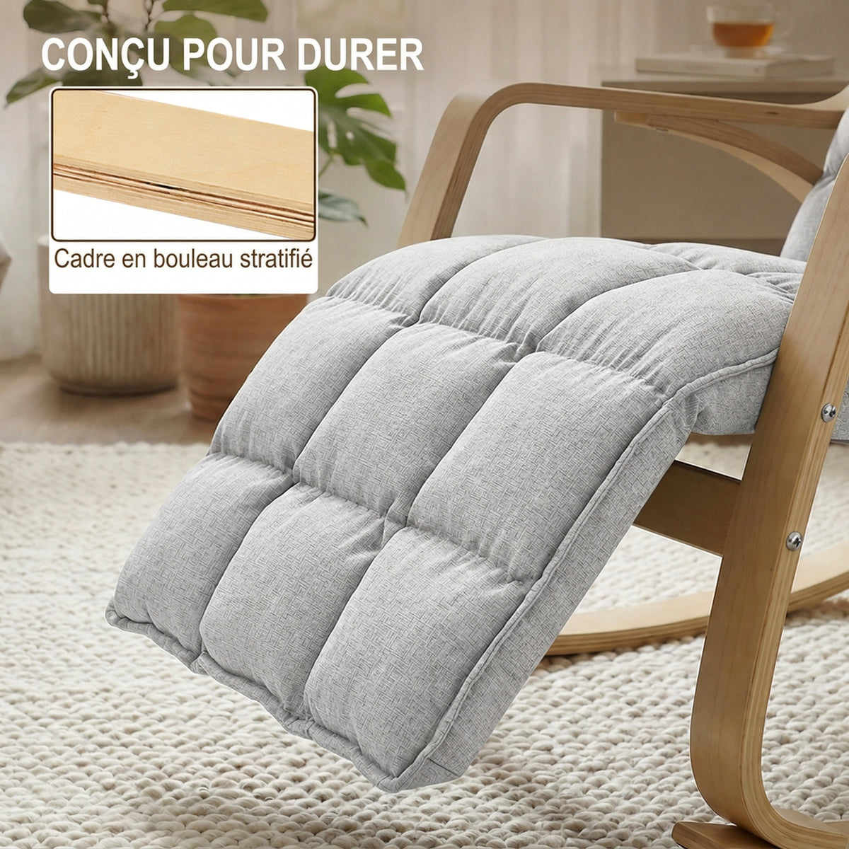 Poltrona a dondolo con poggiapiedi regolabile, sedia a dondolo con gambe in legno di betulla, 67x93x105 cm, grigio chiaro
