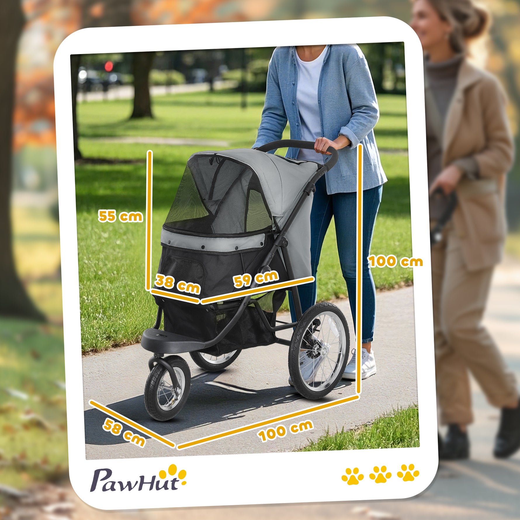 Poussette pour chien pliable avec panier de rangement, coussin lavable, roues en caoutchouc et auvent réglable, gris