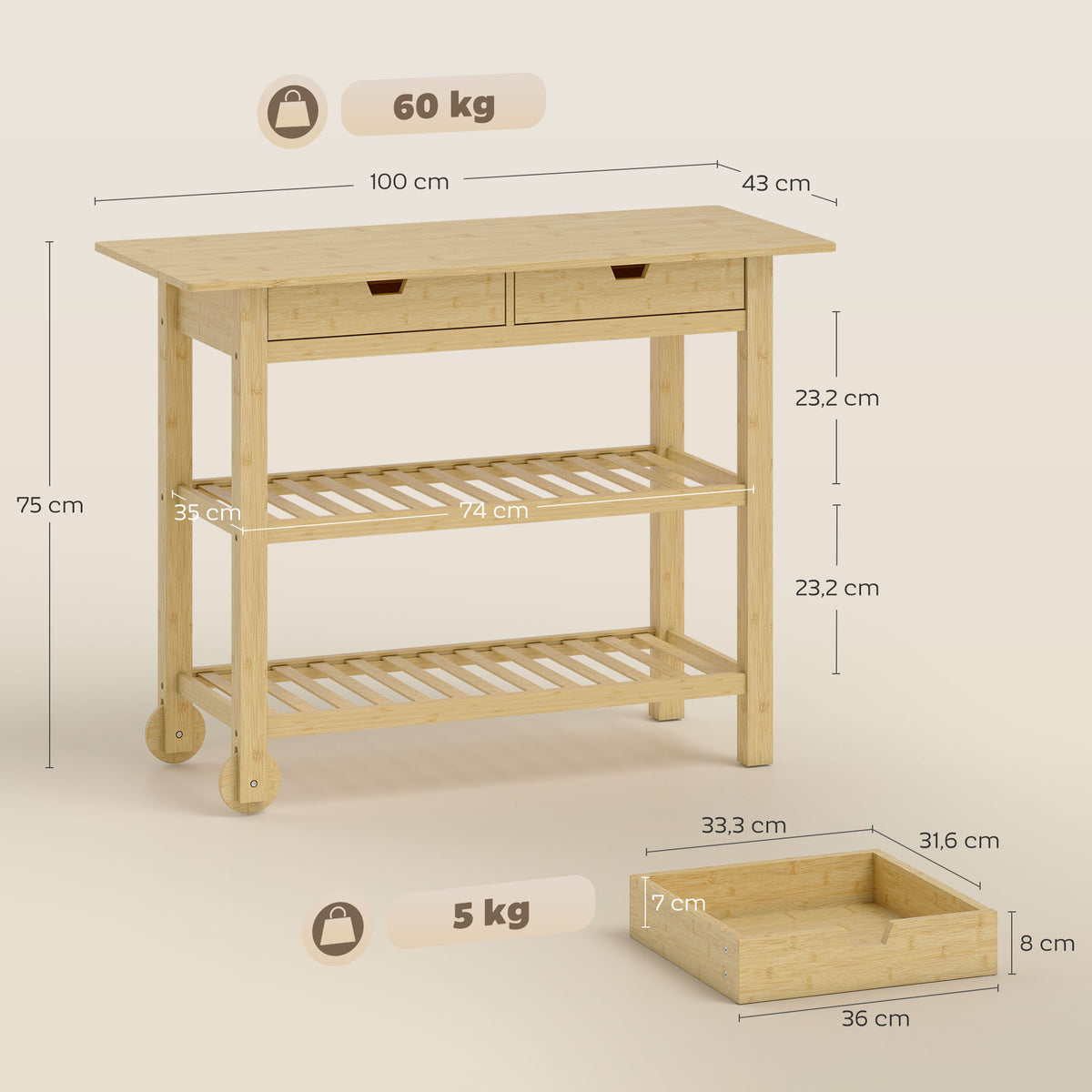 Desserte de cuisine à roulettes en bambou, chariot de cuisine avec 2 tiroirs, 2 étagères, 100 x 43 x 75 cm, bois naturel