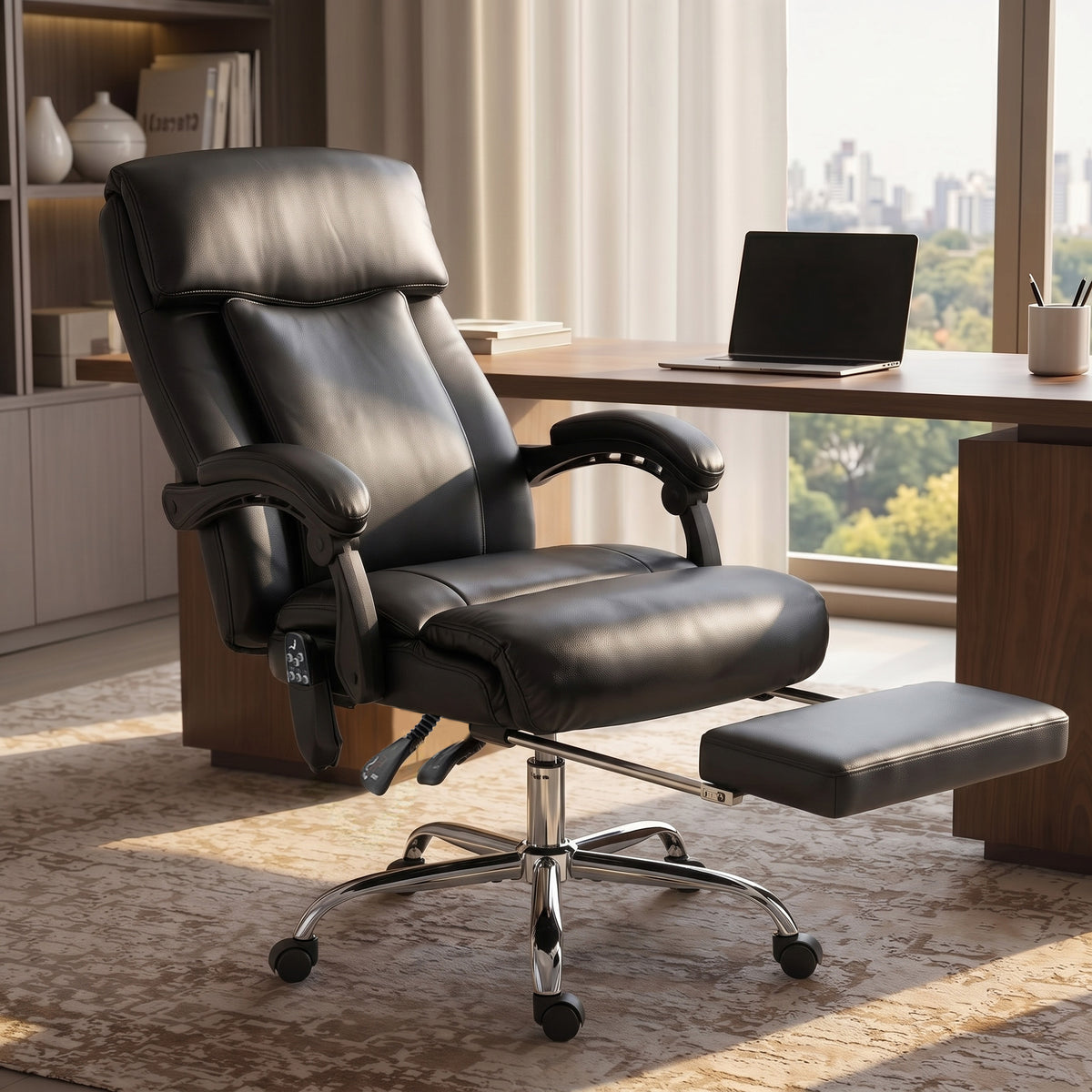 Fauteuil de Bureau Massant Vibrant et Chauffant, Chaise Bureau Ergonomique en PU avec Hauteur Réglable, Noir