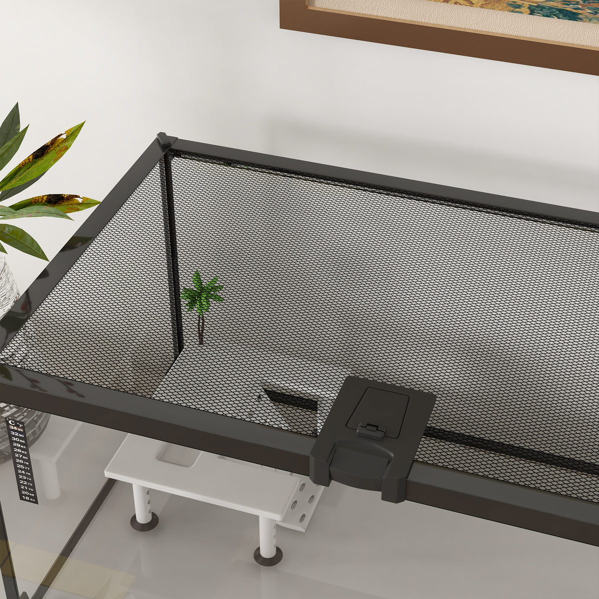 Aquarium pour Tortues avec Plateforme de Repos, Couvercle Coulissant en Filet, Thermomètre, 50x30x25cm, Blanc