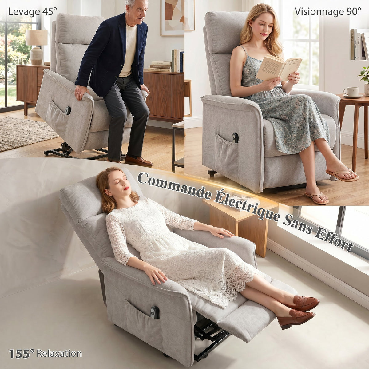 Fauteuil Releveur Électrique, Fauteuil Relax Électrique en Chenille avec Coussin à Ressorts, Dossier Inclinable, Gris