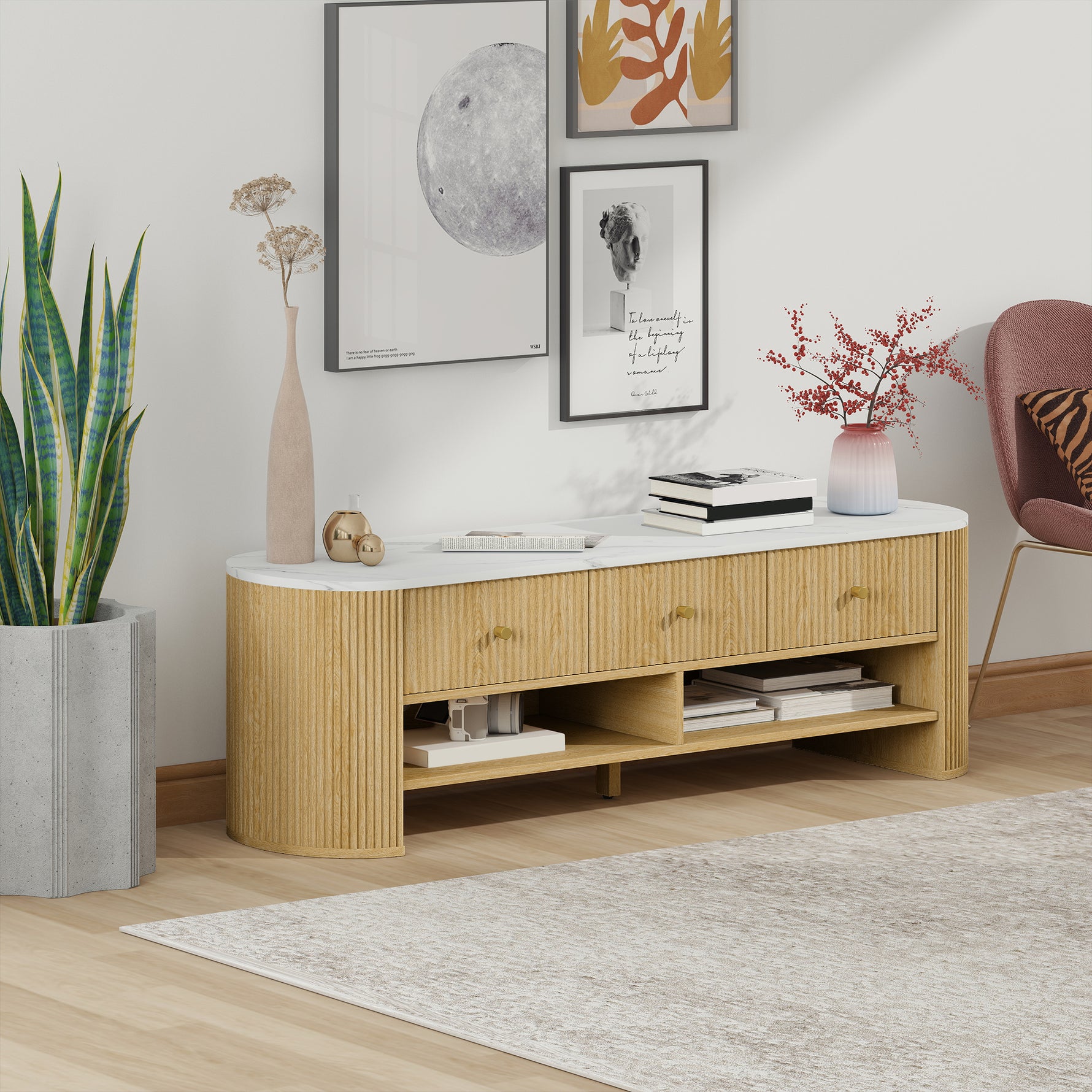 Meuble TV 140 cm, meuble télé pour téléviseur 65 pouces effet marbre 3 tiroirs façades à cannelures effet bois naturel