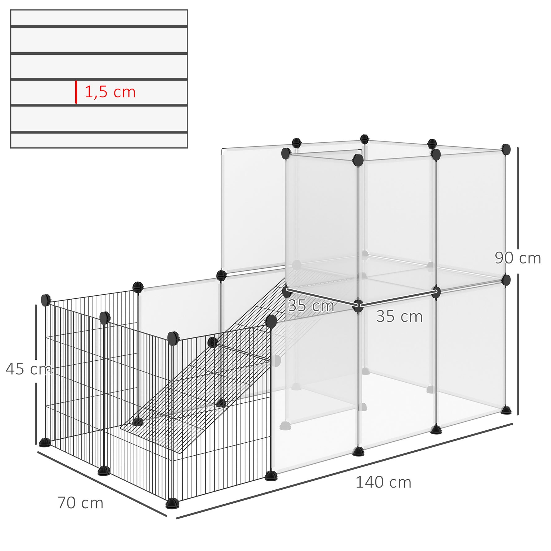 Enclos lapin interieur, 2 niveaux, parc modulable pour petits animaux, 27pcs, 140 x 70 x 90 cm, noir