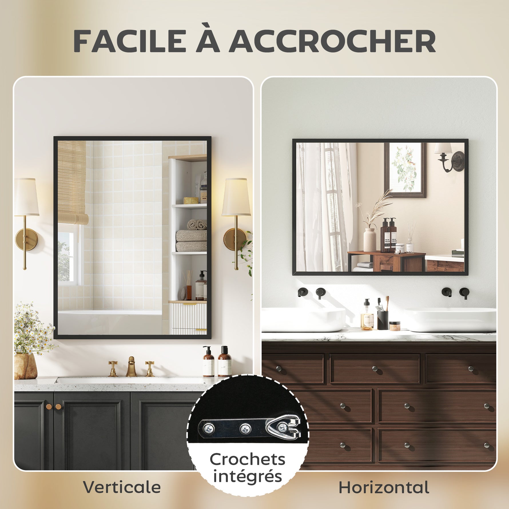 Miroir mural rectangulaire 90 x 70 cm, cadre en bois noir, idéal pour la salle de bain, salon ou chambre