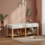 Panca scarpiera, panca contenitore con seduta imbottita, ripiano a giorno, legno di gomma, 120x44x48 cm, legno naturale