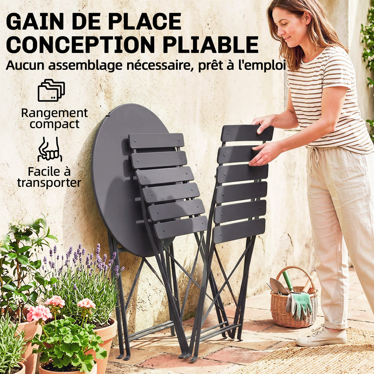 Ensemble Bistrot de Jardin 3 Pièces Table et 2 Chaises Pliantes à Lattes Double Protection Antirouille Noir