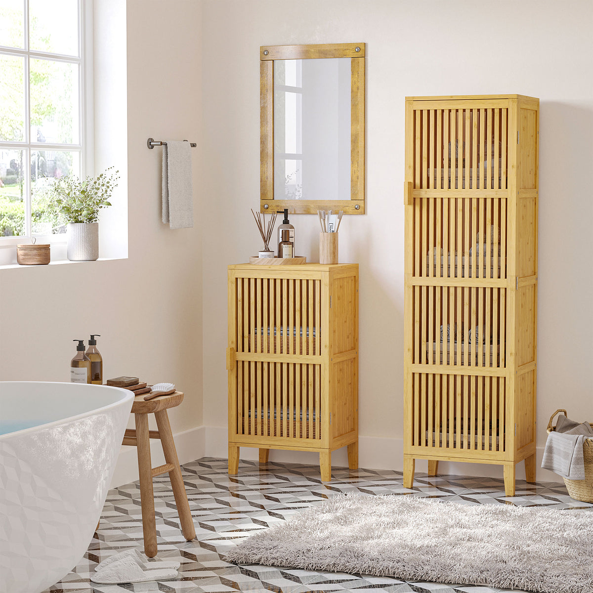 Meuble de rangement en bambou avec étagères et porte design à lamelles pour salle de bain chambre salon 40 x 30 x 140 cm
