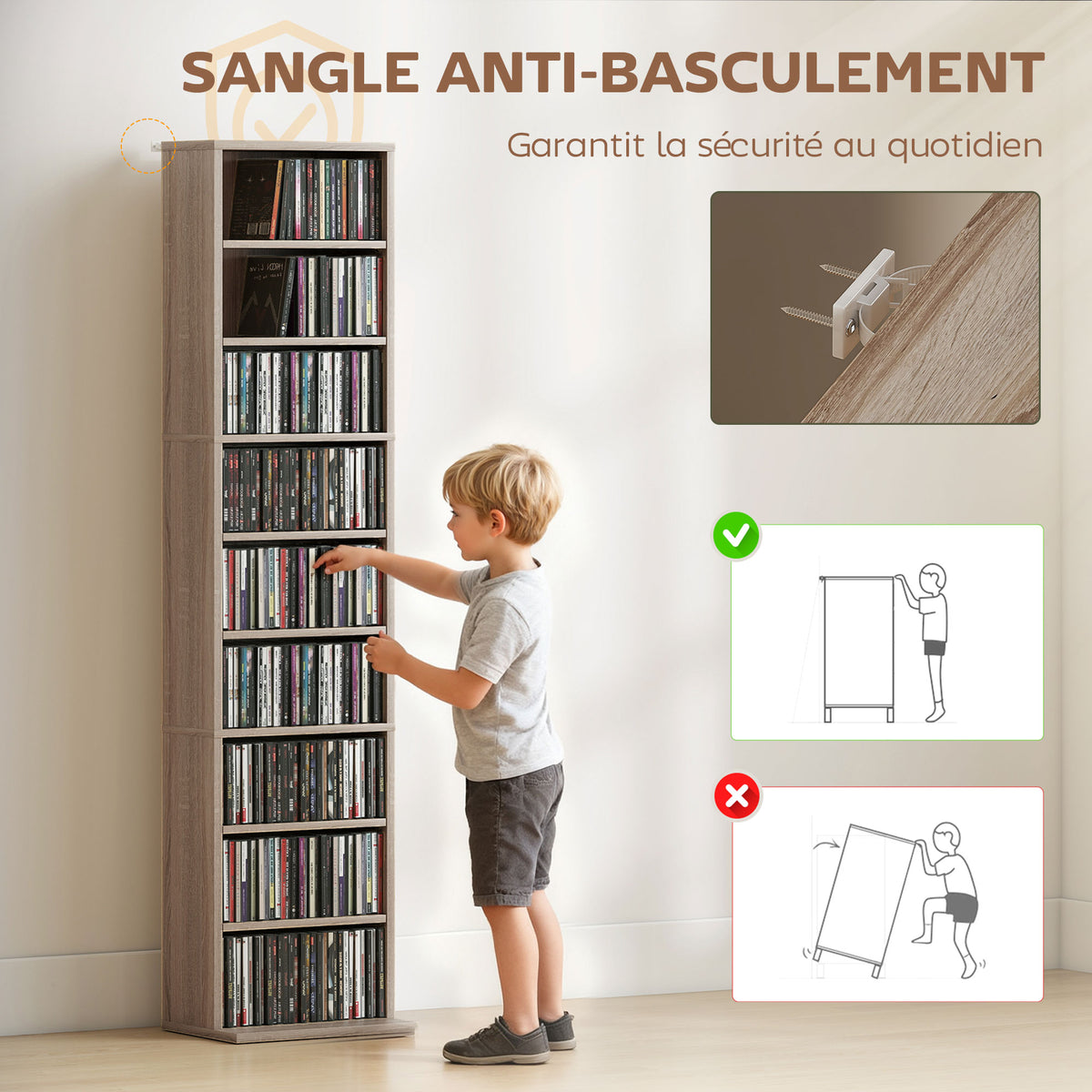 Rangements pour CD et DVD 9 compartiments et 6 étagères réglables capacité max. 260 CD/120 DVD 33 x 24 x 140 cm bois naturel