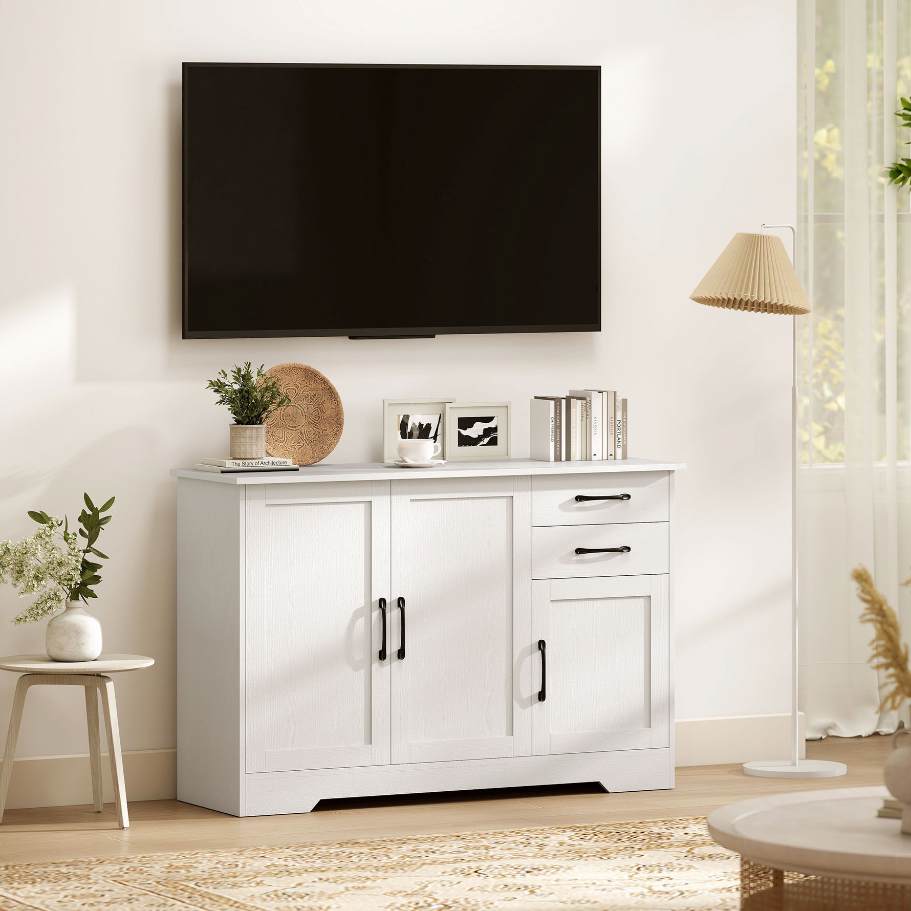 Buffet, meuble de rangement avec 3 portes, 2 tiroirs et étagère réglable, 120 x 38 x 79 cm, blanc