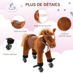 Jouet cheval pour enfant de +24 mois avec 4 roulettes, effet sonore, repose-pieds et guidon, 55x23x60 cm Marron