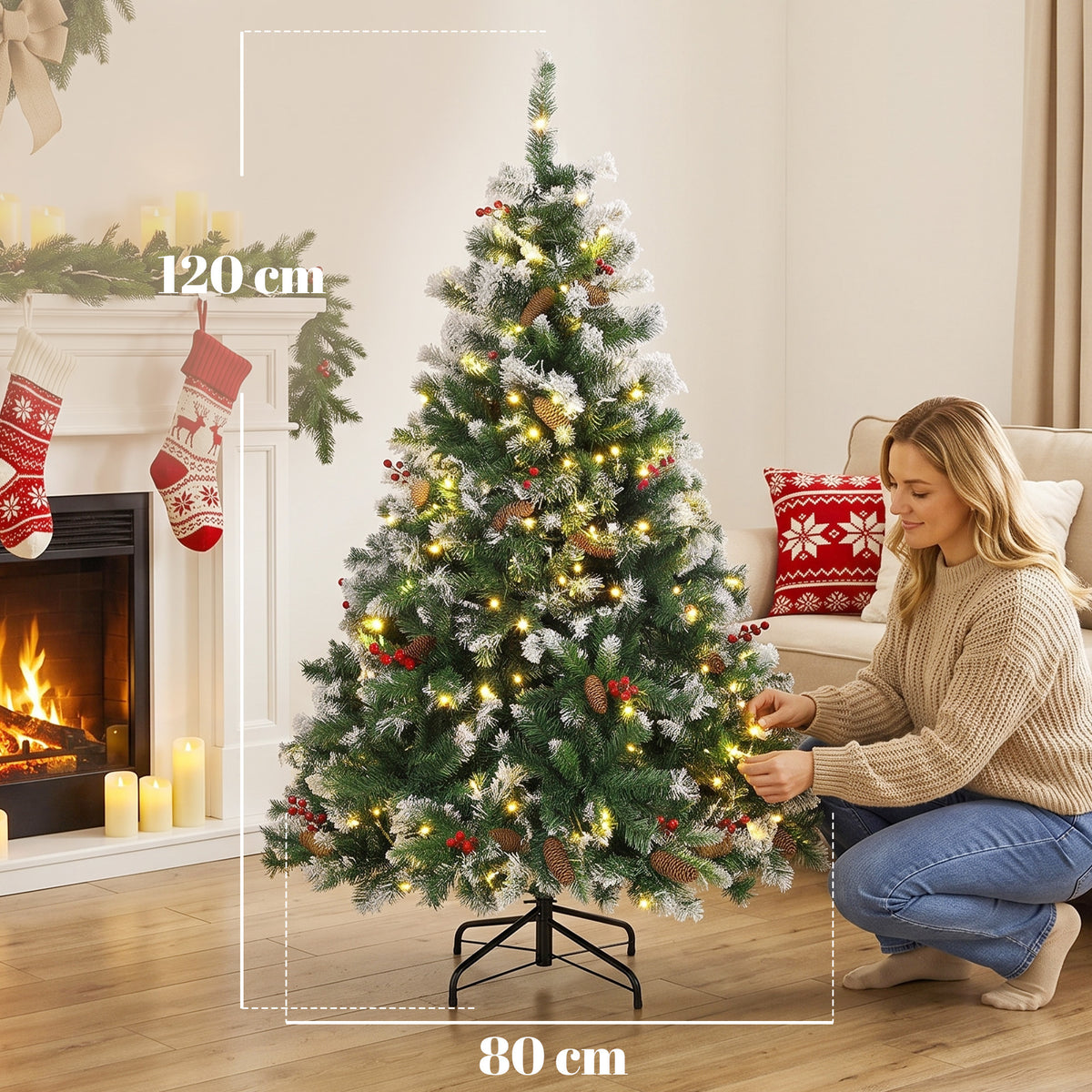 Künstlicher beleuchteter und verschneiter Weihnachtsbaum 120 cm, Weihnachtsbaum, Fernbedienung, 11 Beleuchtungsmodi, 150 LEDs, Grün