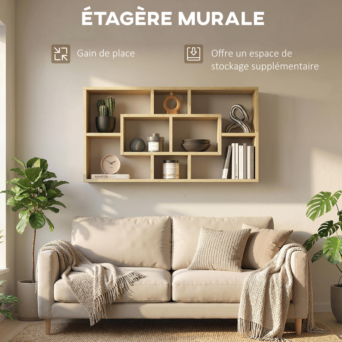 Étagère murale bibliothèque 8 cubes, meuble de rangement, design moderne, 85 x 14,5 x 47,5 cm, chêne