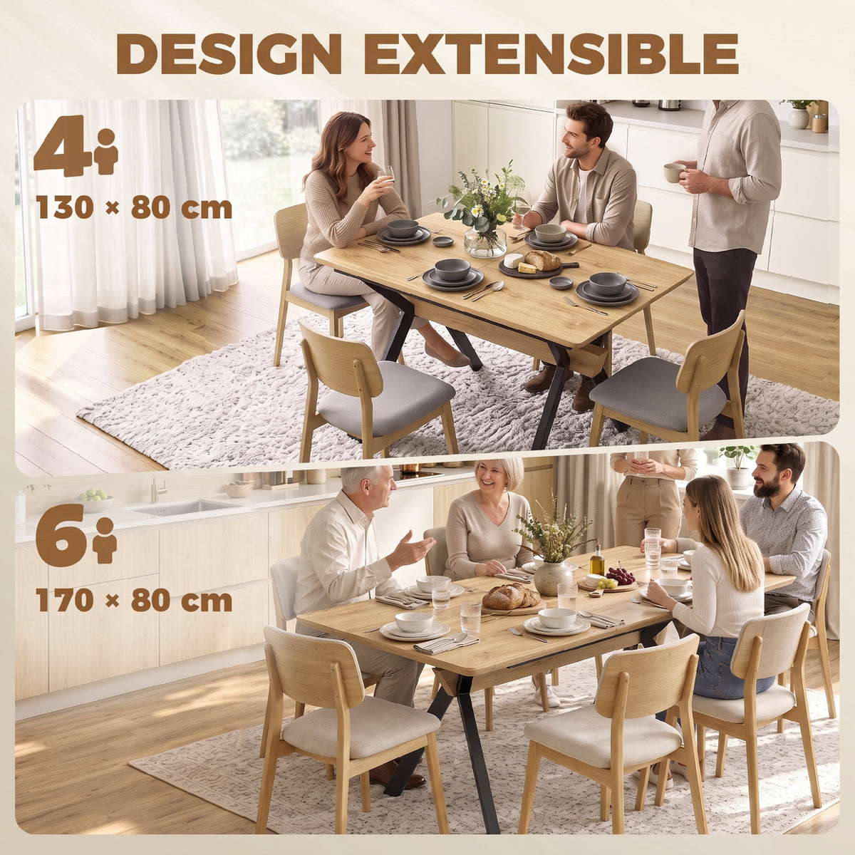 Mesa de comedor extensible para 4 a 6 personas, 130-170 cm, mesa de cocina rectangular, bordes redondeados, roble