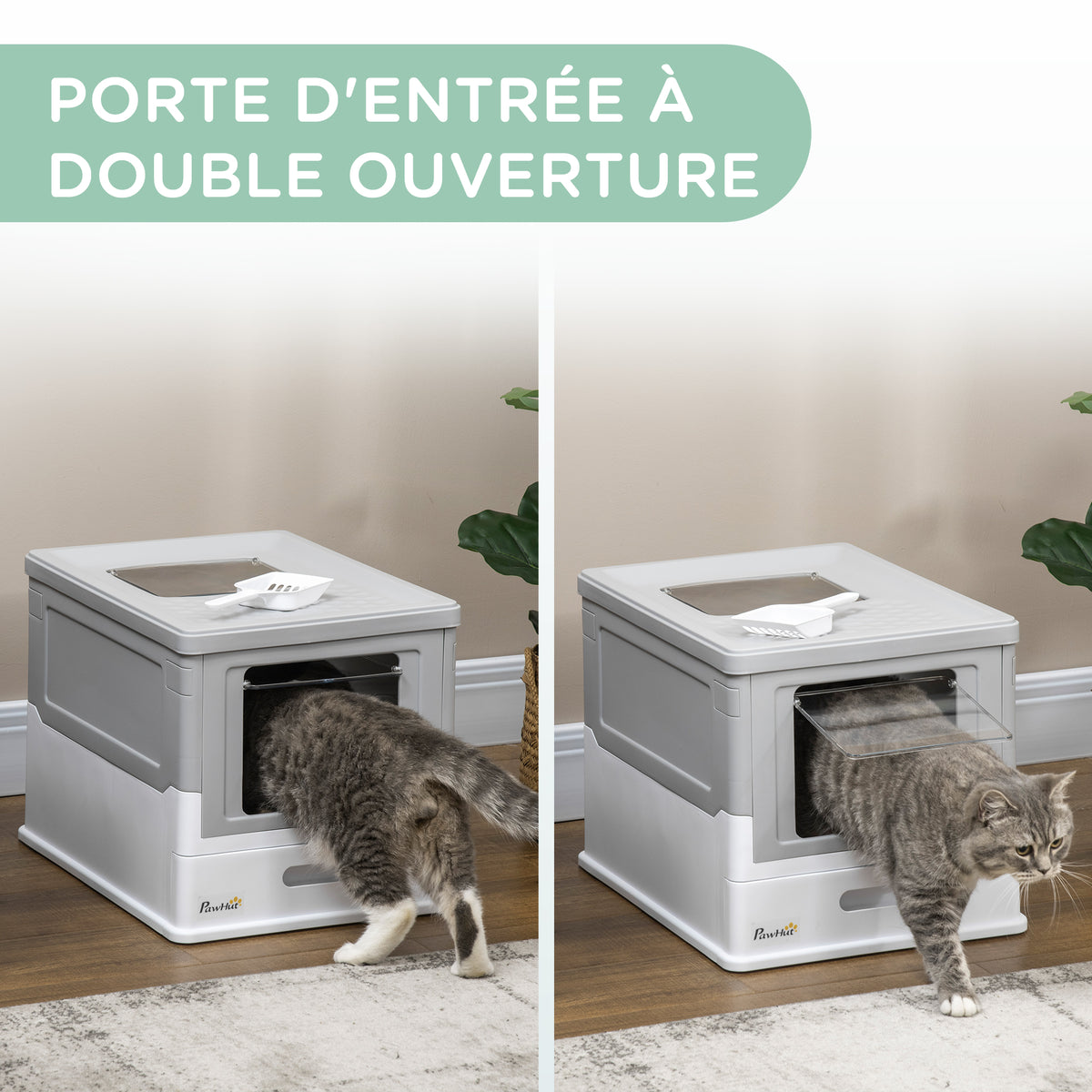 Maison de toilette pour chat pliable double porte battante et supérieure pelle fourni 47,5 x 35,5 x 36,7 cm gris