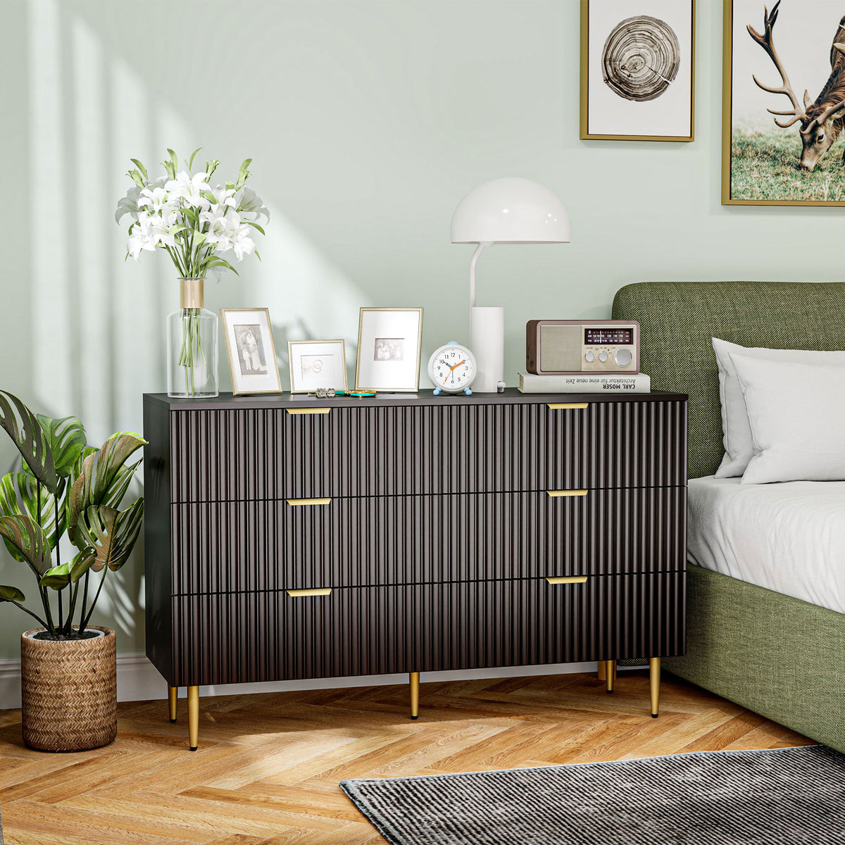 Commode 6 tiroirs commode chambre meuble de rangement moderne avec poignées et pieds dorés, 120 x 40 x 76,5 cm, noir