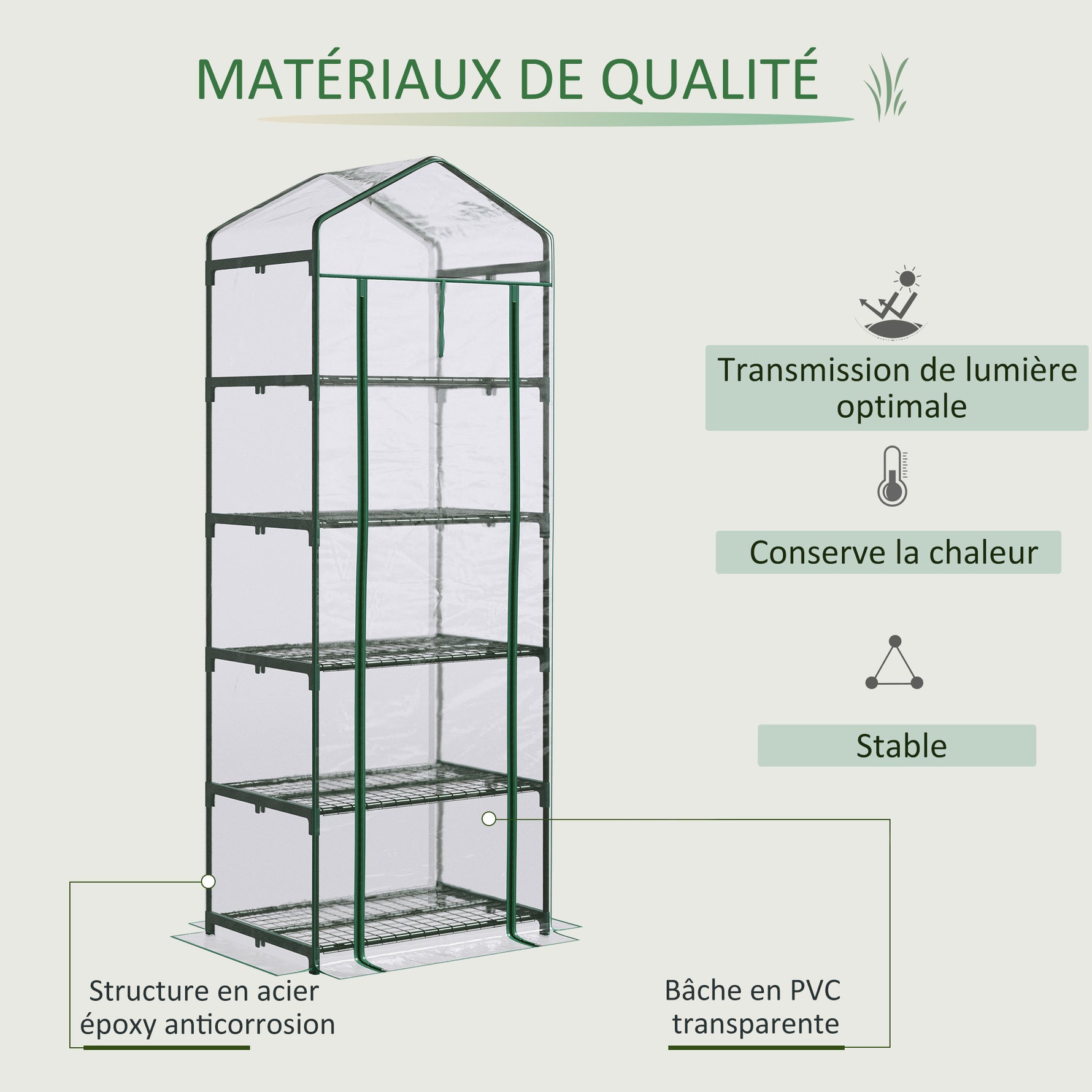 Serre de jardin PVC avec étagères 5 niveaux, serre de balcon, bâche renforcée 135 g/m², châssis en acier, porte zippée enroulable, pour légumes plantes fleurs, 69 x 49 x 193 cm, transparent