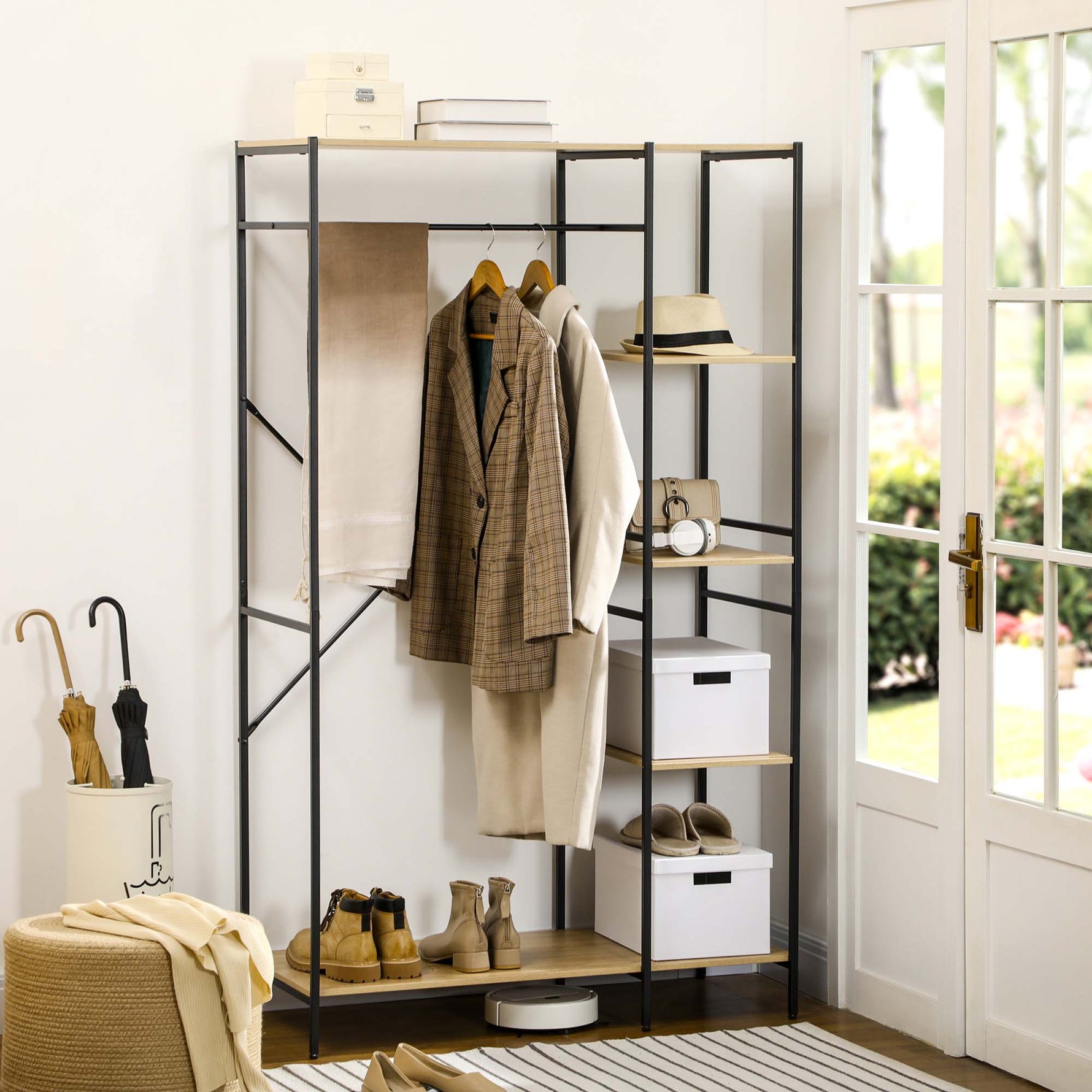 Penderie portant à vêtements style industriel en métal avec tringle et 4 étagères - dim. 100L x 46L x 170,5H cm