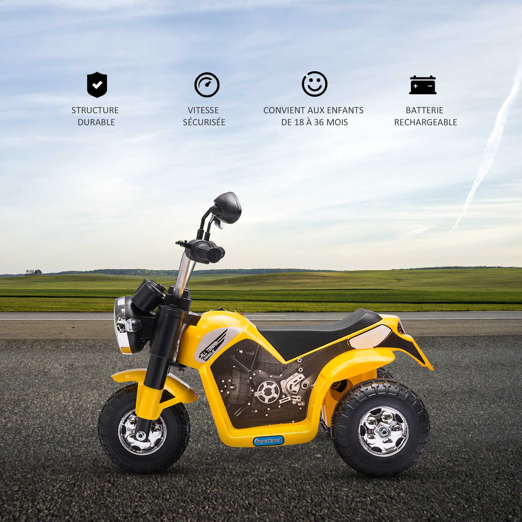 Moto électrique Enfant Chopper Tout-Terrain 6 V 20 W Marche AV AR 3 Roues Effets Lumineux et sonores Jaune Noir