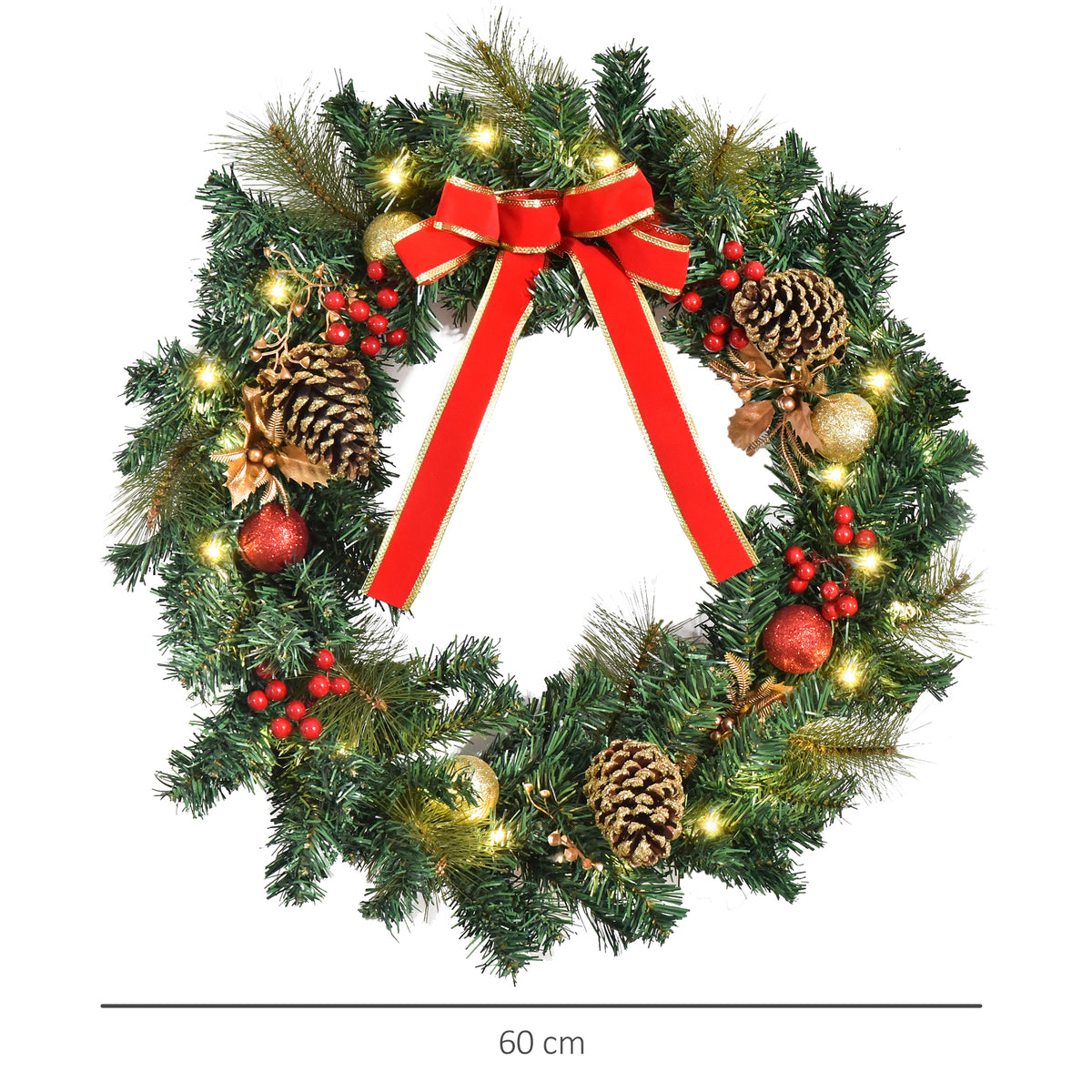 Couronne de Noël artificielle lumineuse avec 20 LED de 60 cm - décorée de houx et de pommes de pin